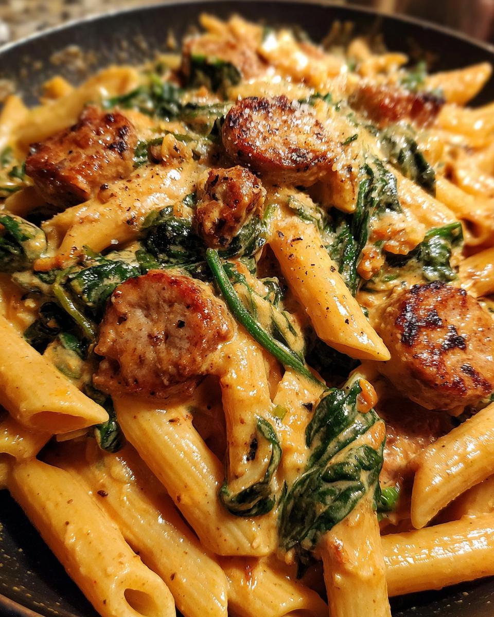 Close-up of creamy chicken sausage pasta featuring penne, browned sausage slices, and wilted spinach.