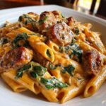 Close-up of creamy chicken sausage pasta featuring penne, browned sausage slices, and wilted spinach.