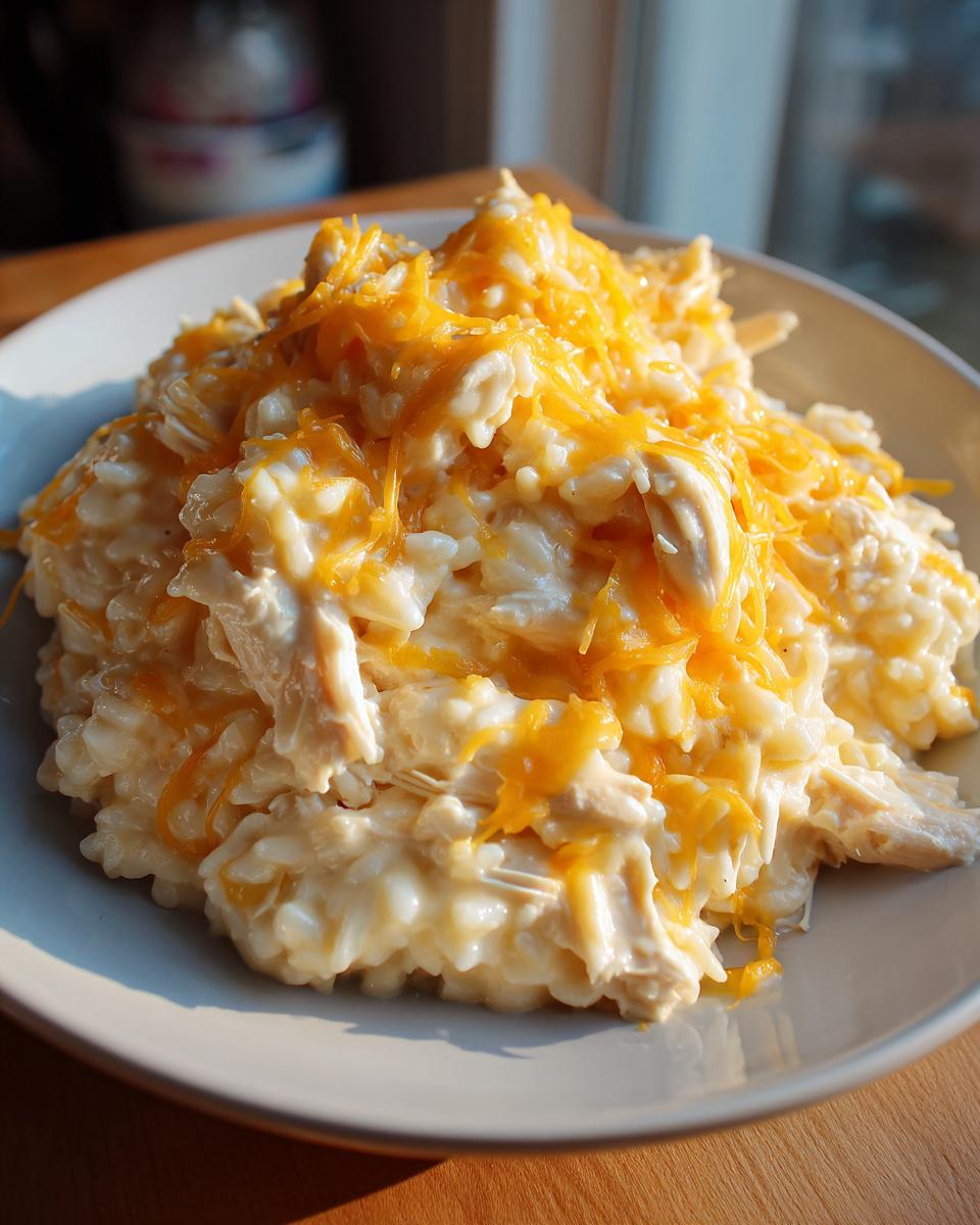 A close-up of creamy crock pot chicken and rice topped generously with melted shredded cheddar cheese.