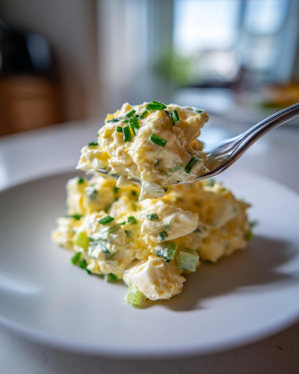 A fork lifting a bite of creamy egg salad recipe topped with fresh chives over a serving on a white plate.