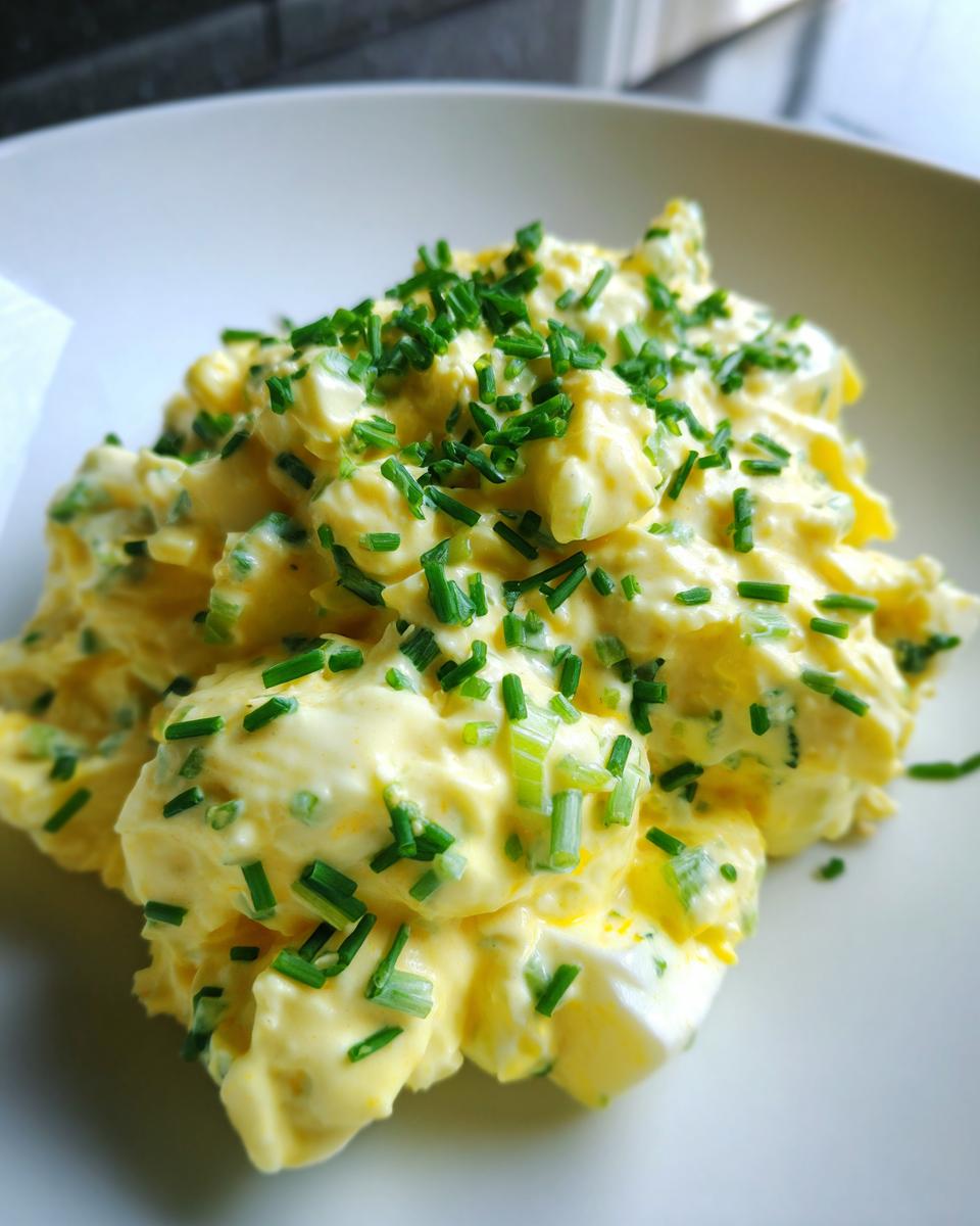 Close-up of a mound of creamy, yellow egg salad recipe generously topped with bright green chopped chives on a white plate.
