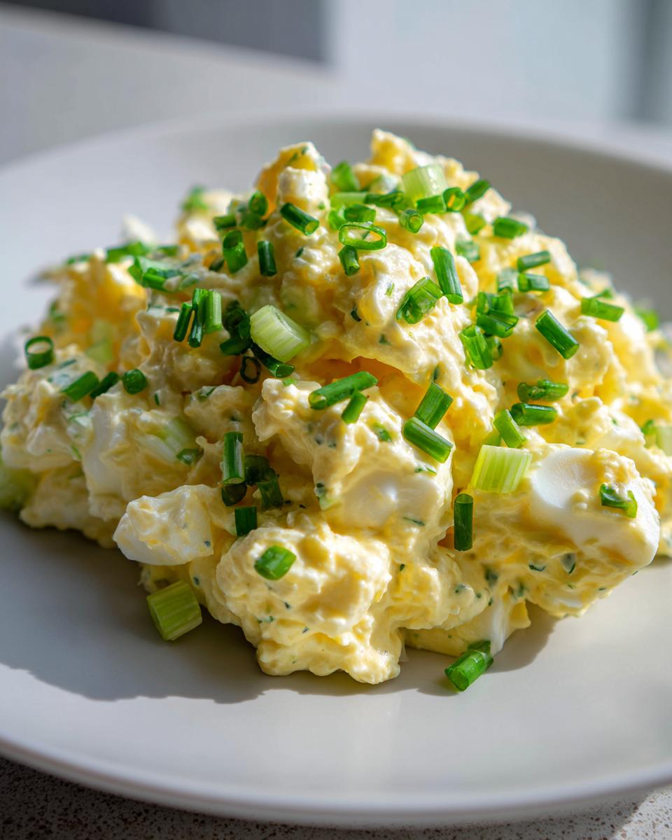 A close-up of creamy egg salad recipe served on a light plate and generously garnished with chopped green chives.