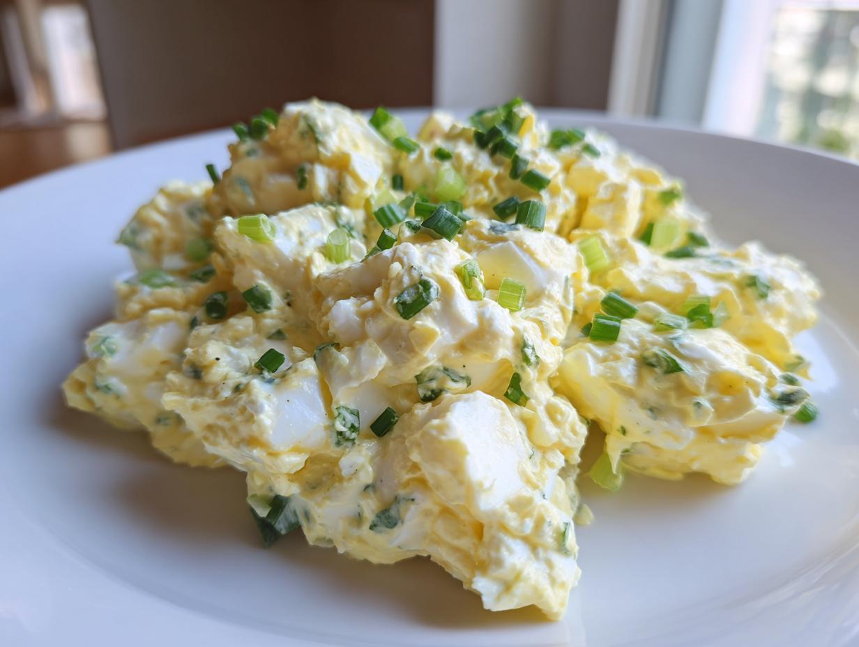 A generous serving of creamy egg salad recipe, topped with freshly chopped green chives, served on a white plate.