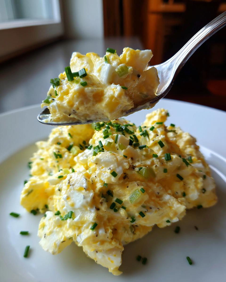 A spoonful of creamy egg salad recipe garnished with chives being lifted above a plate of the salad.