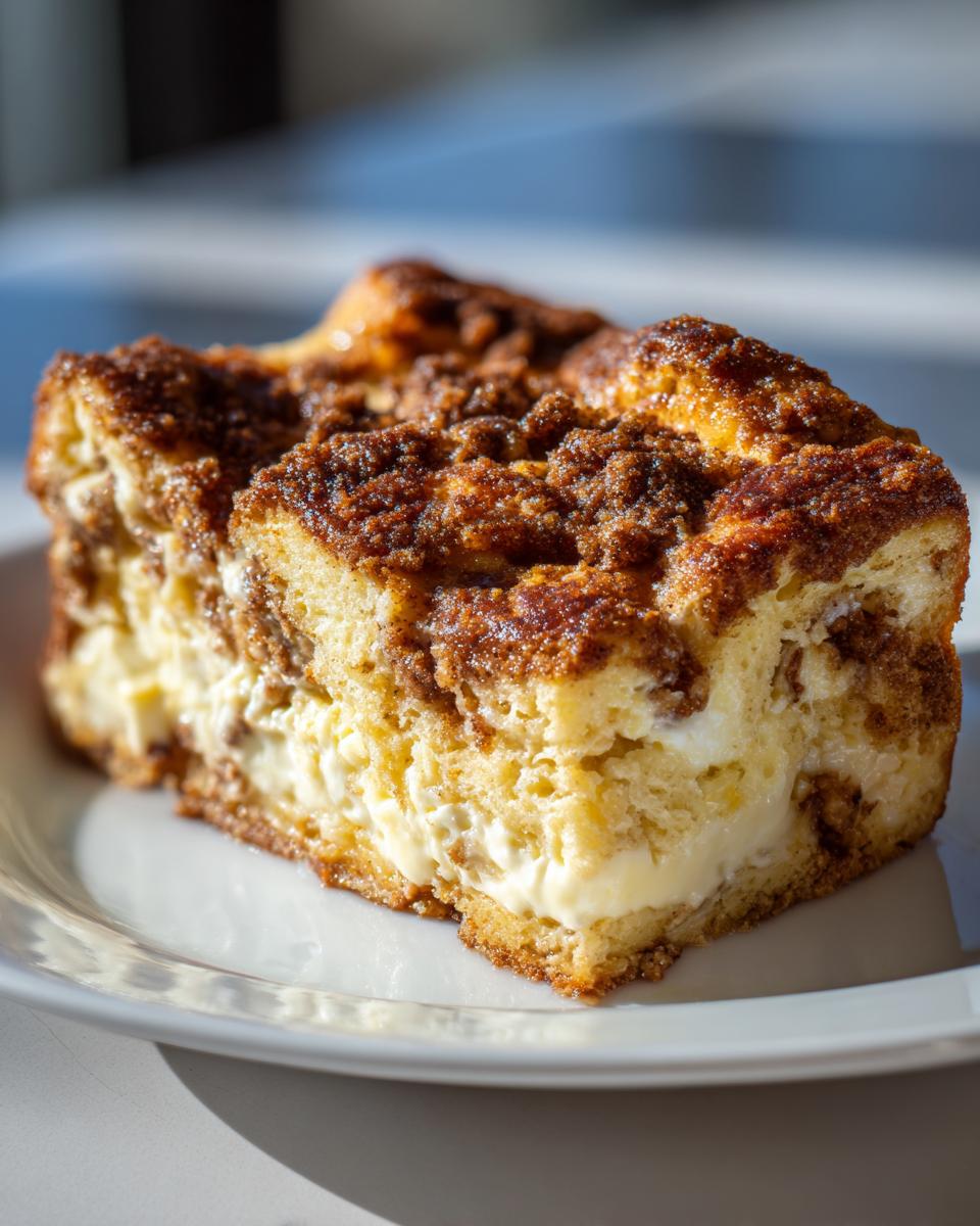 A thick, golden slice of french toast casserole featuring a rich cream cheese layer and a dark cinnamon streusel topping.