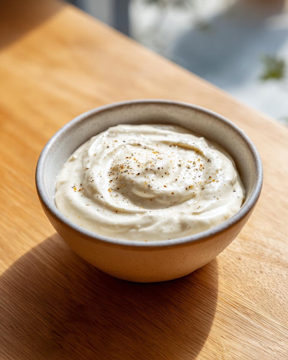 A close-up of creamy homemade alfredo sauce topped with cracked black pepper in a small ceramic bowl.