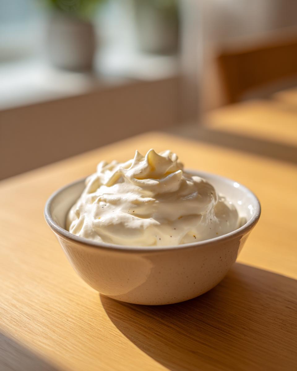 A small bowl filled with thick, creamy homemade alfredo sauce, showing small specks of pepper or seasoning.