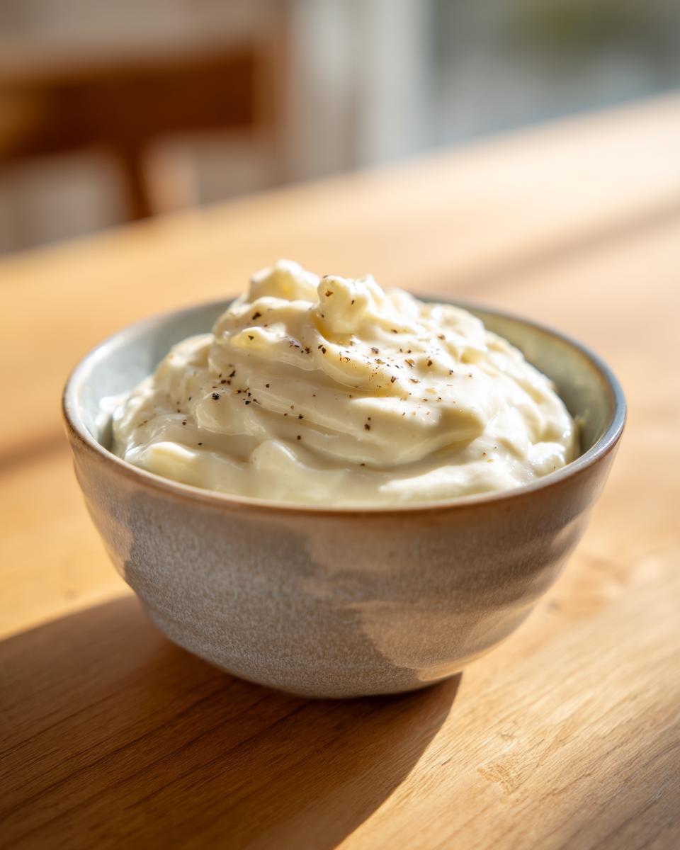 A close-up of rich, creamy homemade alfredo sauce topped with cracked black pepper in a rustic bowl.