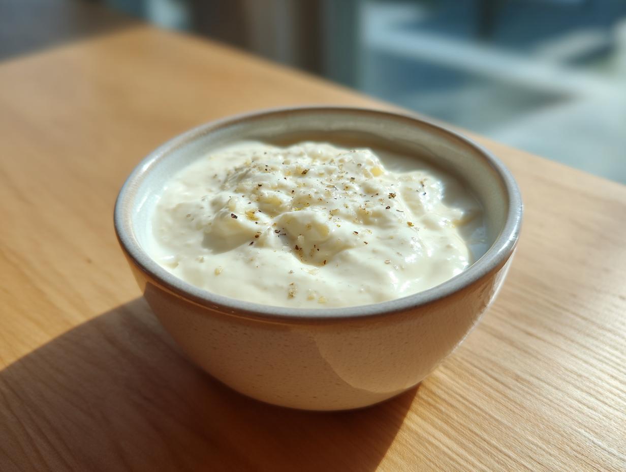 A close-up of rich, creamy homemade alfredo sauce topped with pepper, served in a small ceramic bowl on a wooden surface.