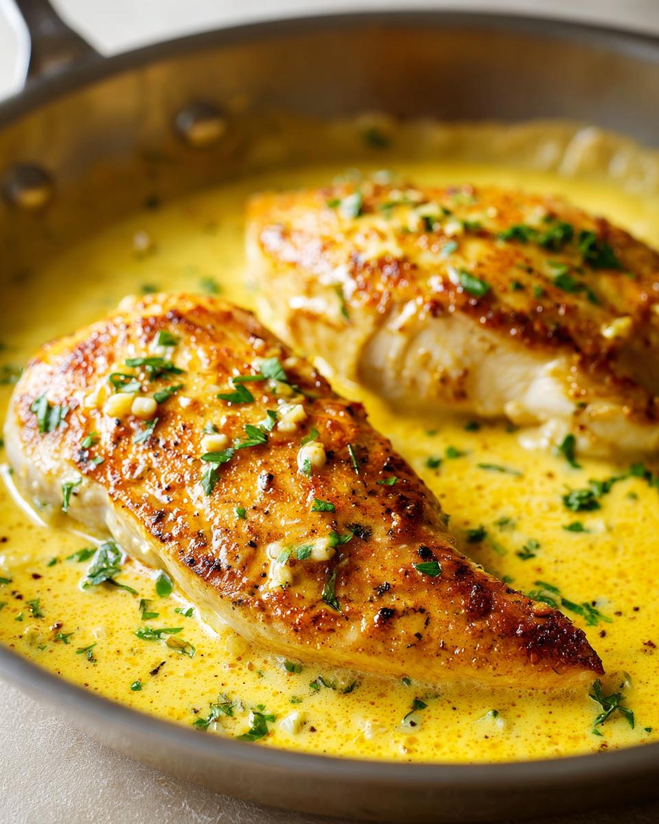 Two golden-brown chicken breasts simmering in a rich, bright yellow creamy lemon chicken sauce, garnished with parsley.
