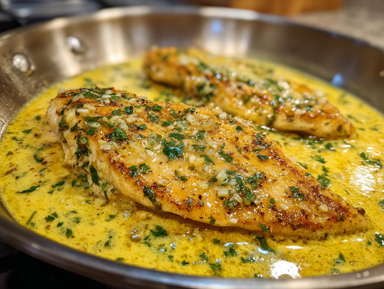 Two golden chicken breasts simmering in a bright yellow, creamy lemon sauce topped with garlic and parsley.