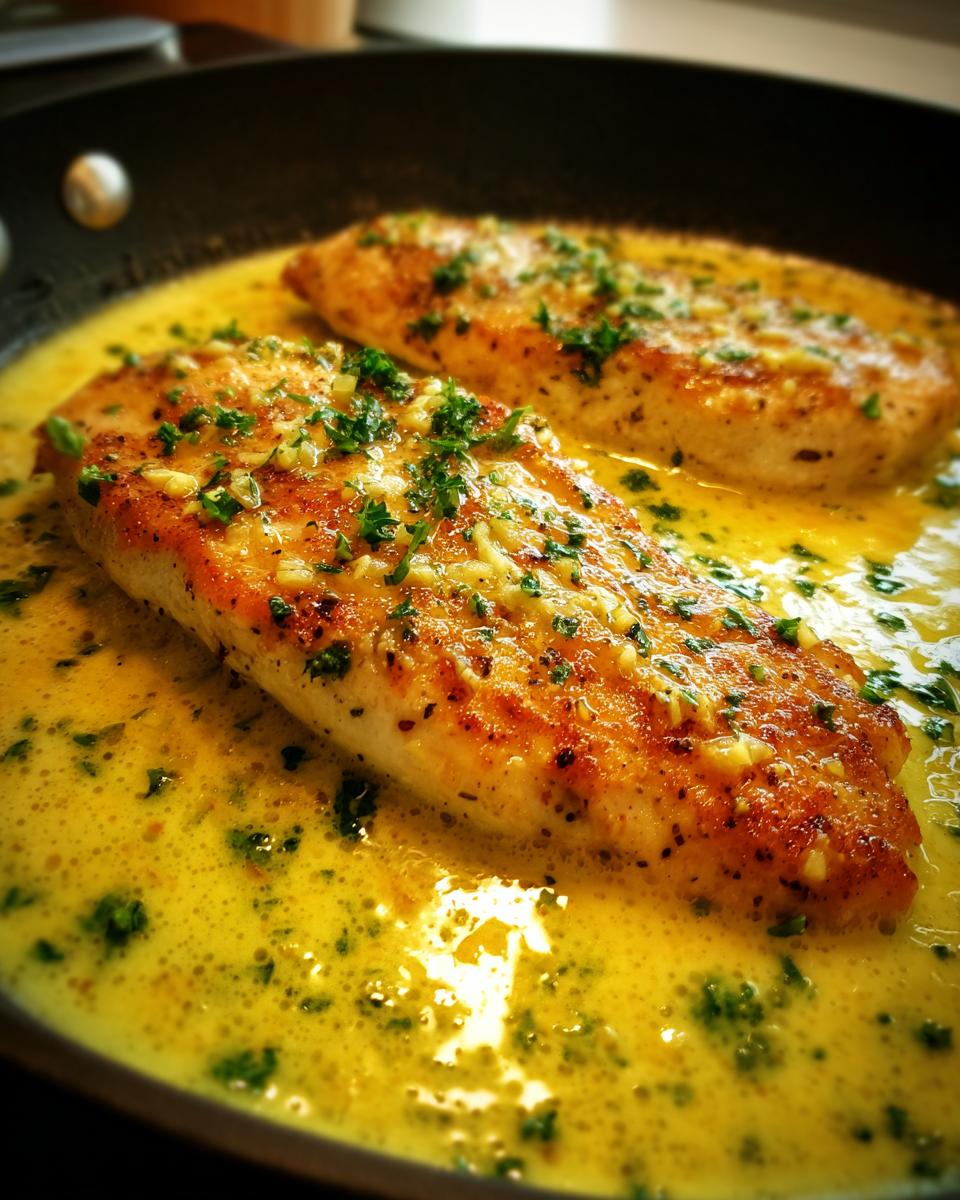 Two pan-seared chicken breasts simmering in a rich, yellow creamy lemon chicken sauce, topped with fresh parsley.