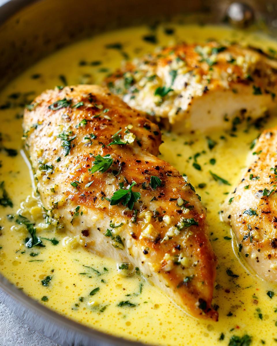 Close-up of seared chicken breasts simmering in a rich, yellow creamy lemon chicken sauce garnished with parsley.