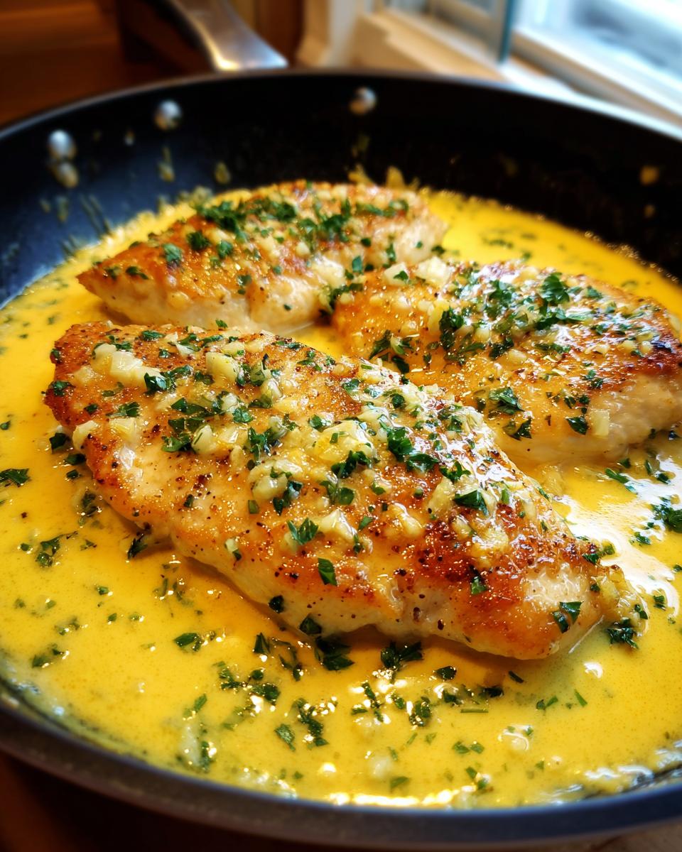Three golden-brown chicken breasts simmering in a rich, yellow creamy lemon chicken sauce, topped with minced garlic and parsley.