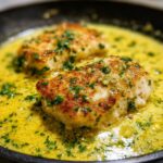 Two golden-brown chicken breasts simmering in a bright, creamy lemon sauce, garnished with fresh parsley.