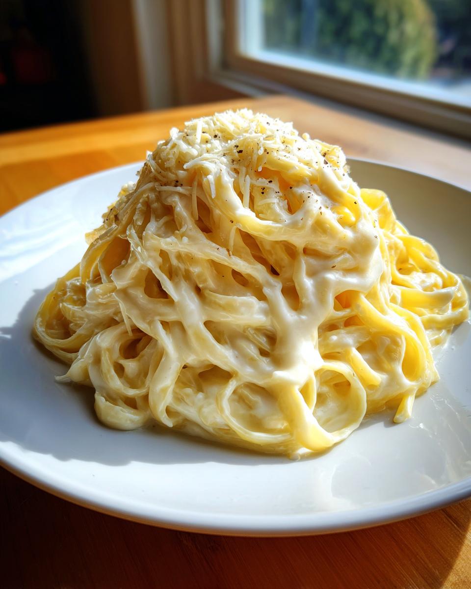 A mound of fettuccine pasta generously coated in creamy Olive Garden Alfredo Sauce, topped with grated Parmesan and black pepper.