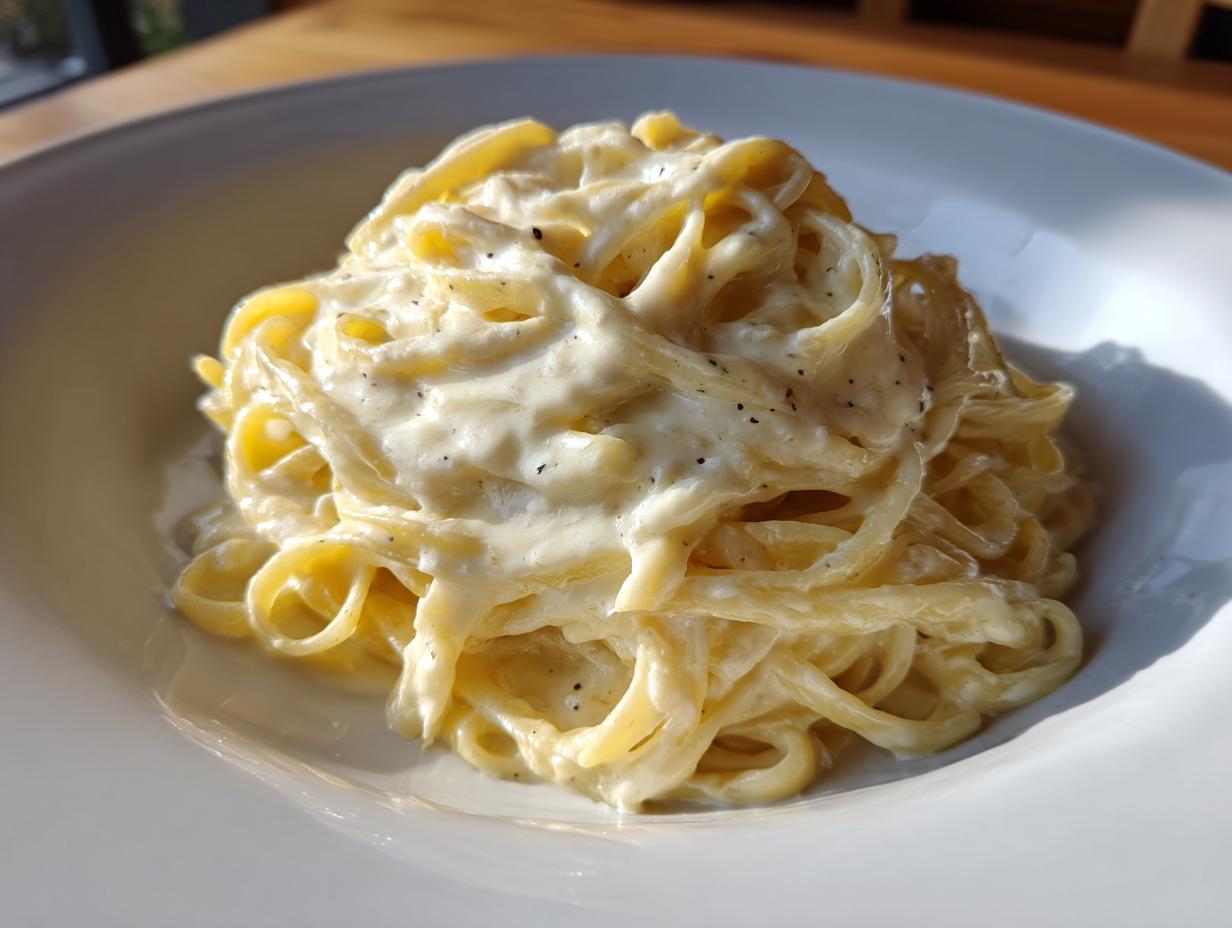A close-up of fettuccine pasta generously coated in rich, creamy Olive Garden Alfredo Sauce, sprinkled with black pepper.
