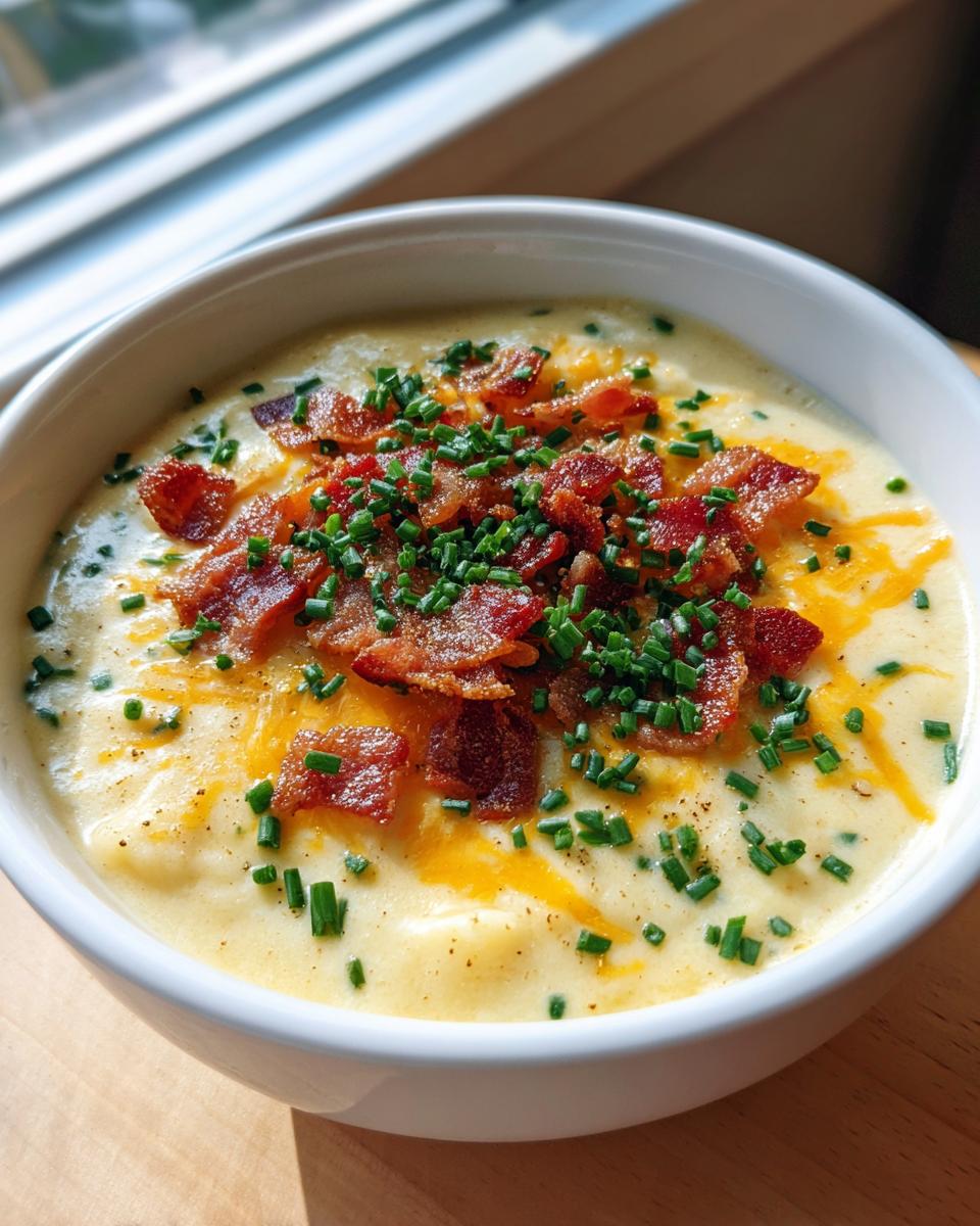 A close-up of a bowl of creamy potato soup recipe garnished generously with crispy bacon bits and fresh green chives.