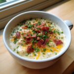 A close-up of a hearty bowl of creamy potato soup recipe topped generously with crumbled bacon, shredded cheddar cheese, and fresh chives.
