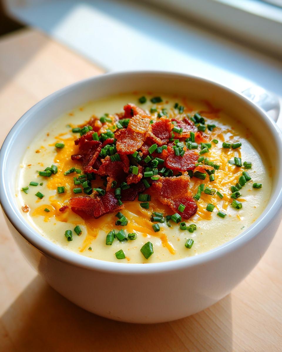 A close-up of a creamy bowl of potato soup recipe garnished generously with crispy bacon bits, shredded cheddar cheese, and fresh chives.