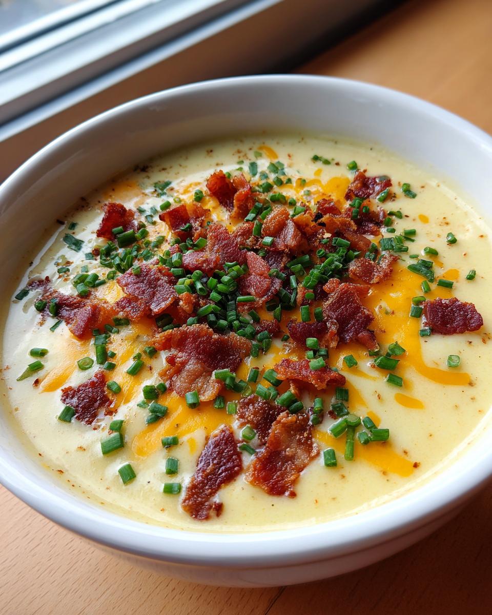 A close-up of a bowl of creamy potato soup recipe topped generously with crumbled bacon, shredded cheddar cheese, and fresh green chives.