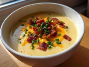 A close-up of a bowl of creamy potato soup recipe topped generously with shredded cheddar cheese, crispy bacon bits, and fresh chives.