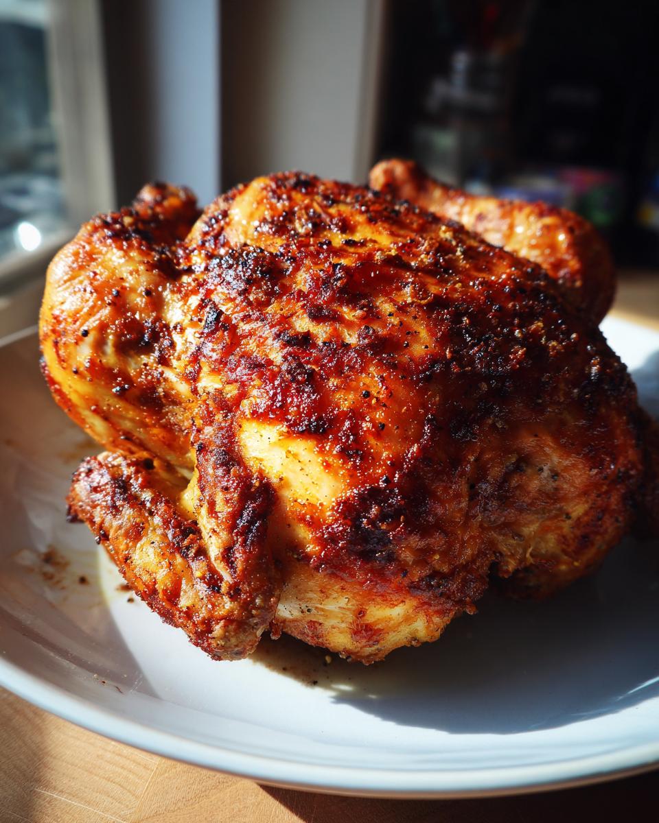 A perfectly cooked, golden-brown air fryer whole chicken with crispy, seasoned skin resting on a light blue plate.