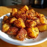 A close-up of perfectly crispy, golden brown breakfast potatoes seasoned with spices and herbs, served on a white plate.