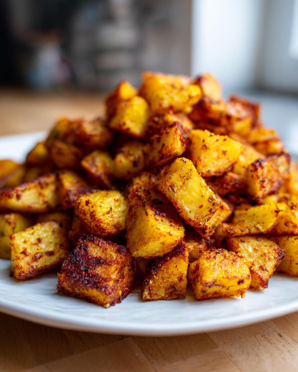 A close-up of a mound of golden, crispy seasoned breakfast potatoes served on a white plate.