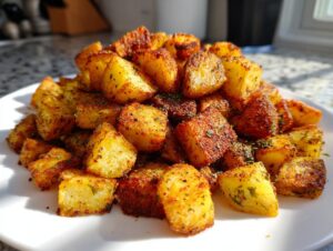A close-up of perfectly crispy, golden-brown breakfast potatoes seasoned with herbs and spices, piled high on a white plate.