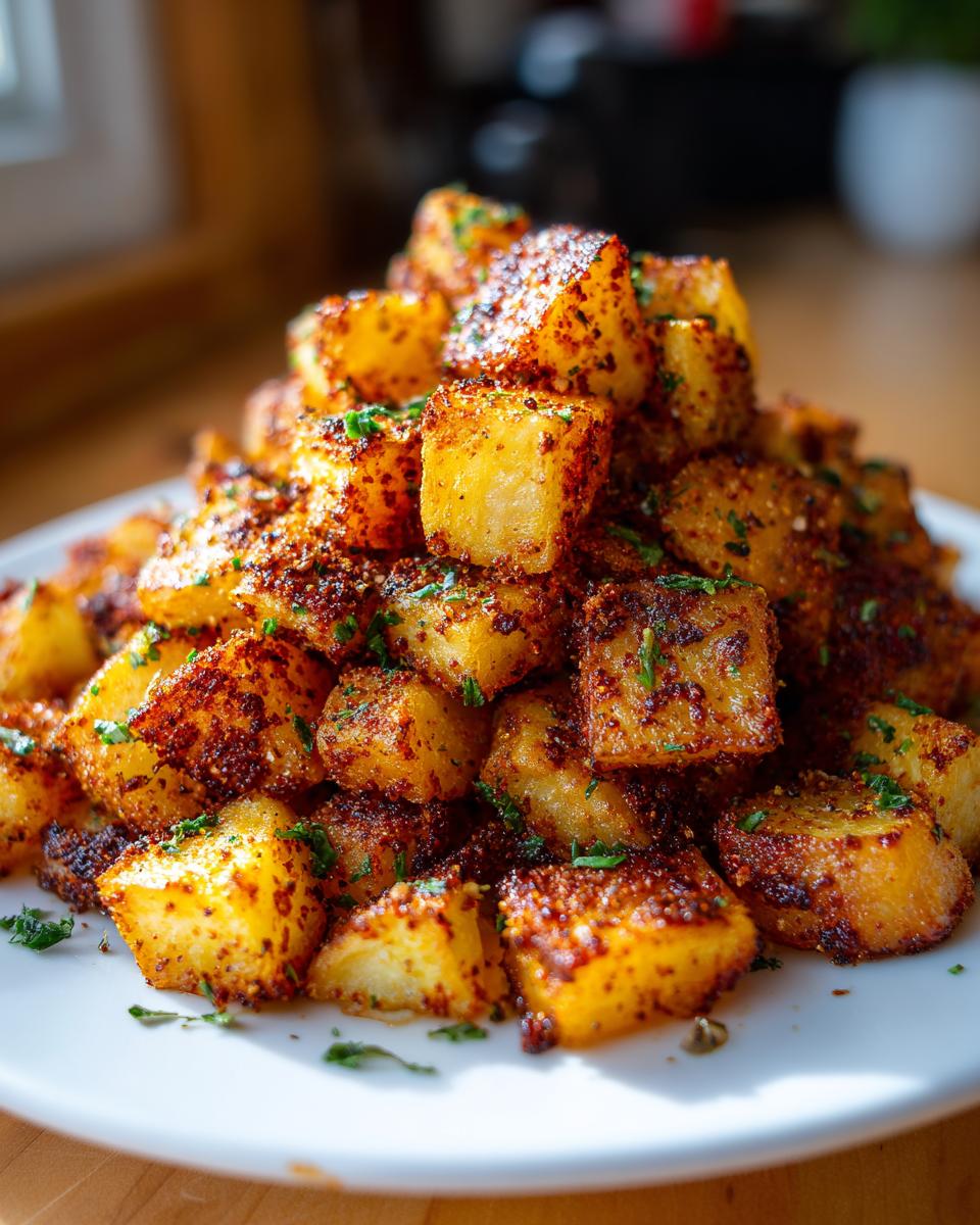 A large mound of golden, crispy seasoned breakfast potatoes dusted with spices and garnished with parsley.