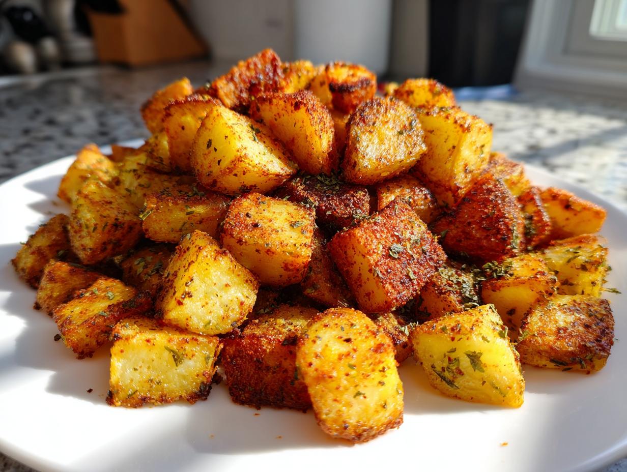 A close-up of perfectly crispy, golden-brown breakfast potatoes seasoned with herbs and spices, piled high on a white plate.