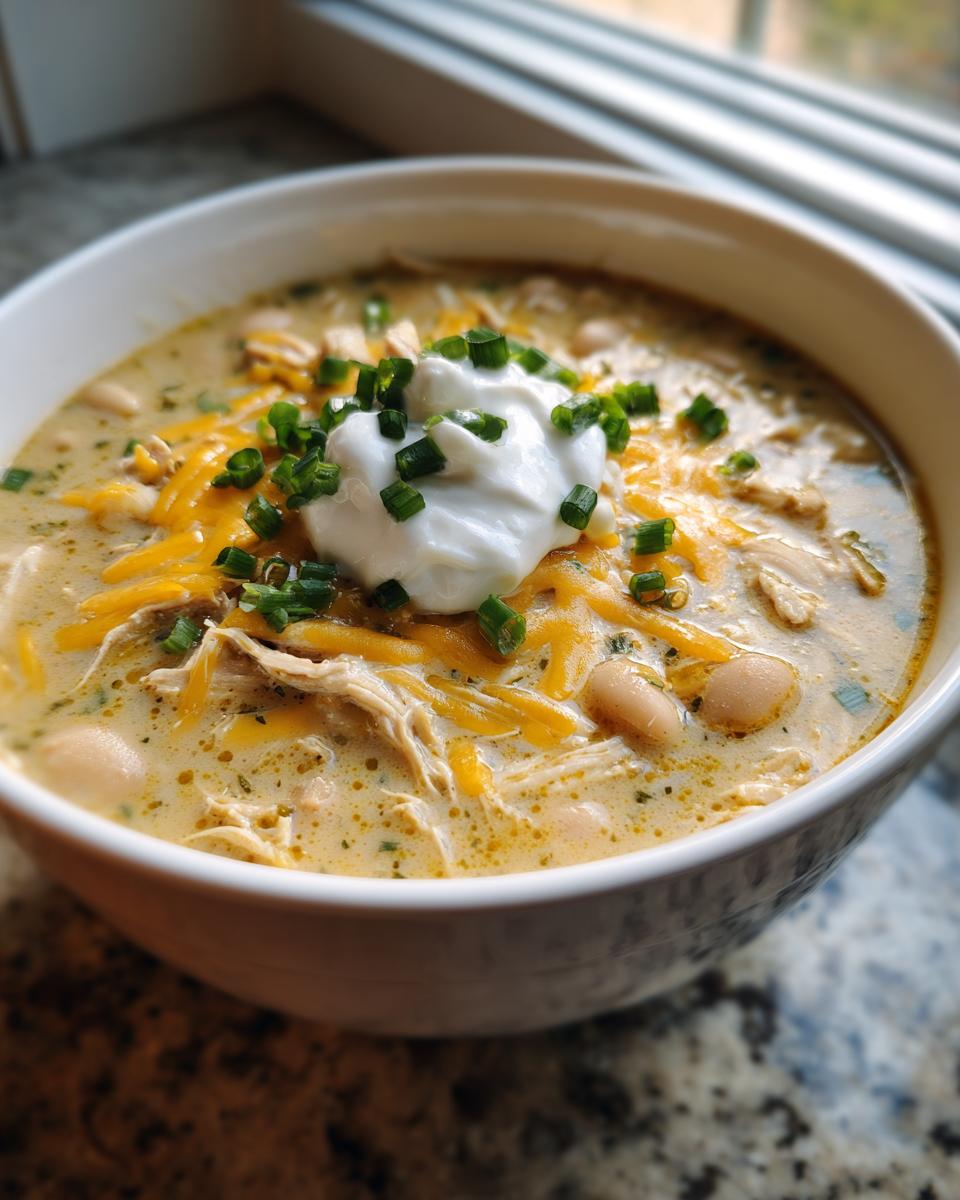 Close-up of a serving of creamy crockpot white chicken chili topped with shredded cheese, sour cream, and chives.