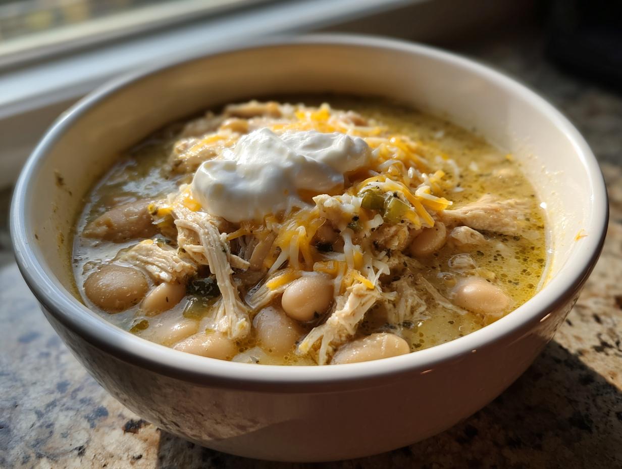 Close-up of a bowl of crockpot white chicken chili topped with shredded cheese, sour cream, and green chilies.