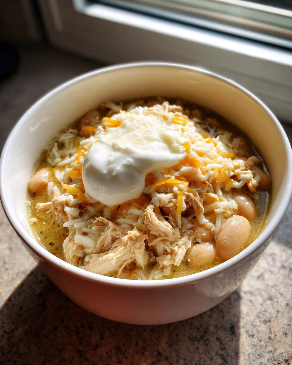 A close-up of a bowl of crockpot white chicken chili topped with shredded cheese, sour cream, and a sprinkle of Parmesan.