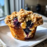 A close-up, appetizing shot of a golden blueberry muffin topped with a thick layer of cinnamon streusel, showing juicy, burst blueberries.