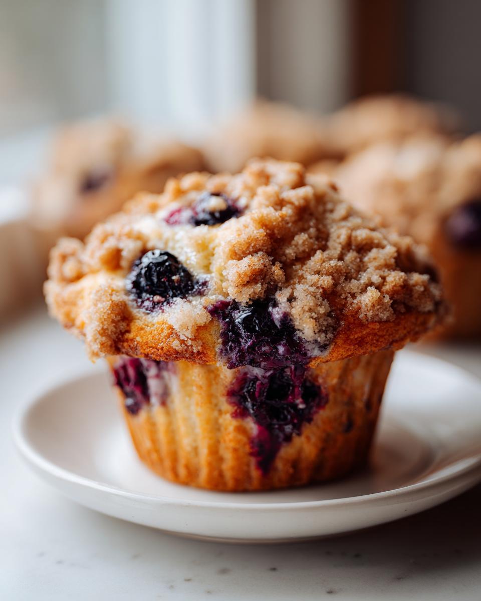 A close-up of a golden brown blueberry muffin topped with streusel, sitting on a small white plate.