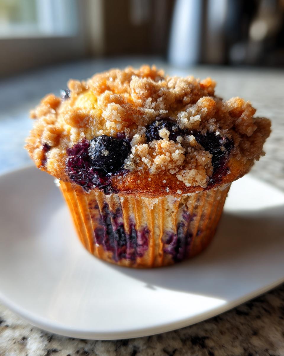 A golden-brown, freshly baked blueberry muffin topped with a generous layer of brown sugar streusel sits on a white plate.