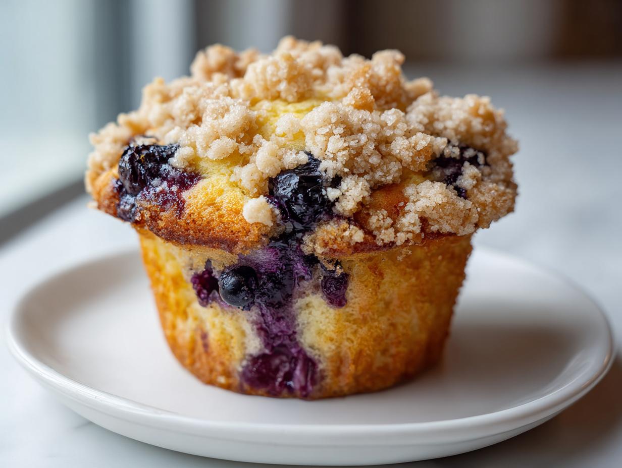 A freshly baked, golden blueberry muffin topped with crunchy streusel sits on a small white plate.