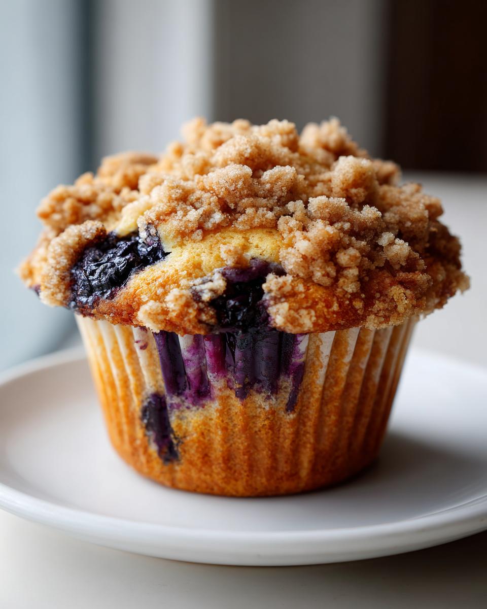 A perfectly baked blueberry muffin topped with a generous layer of brown sugar streusel, sitting on a white plate.