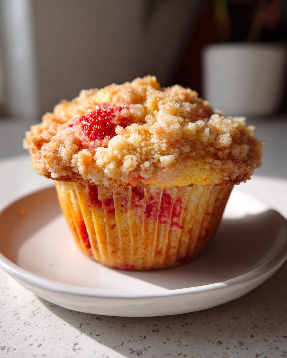 A single, freshly baked strawberry muffin topped with a thick layer of golden streusel sits on a small white plate.