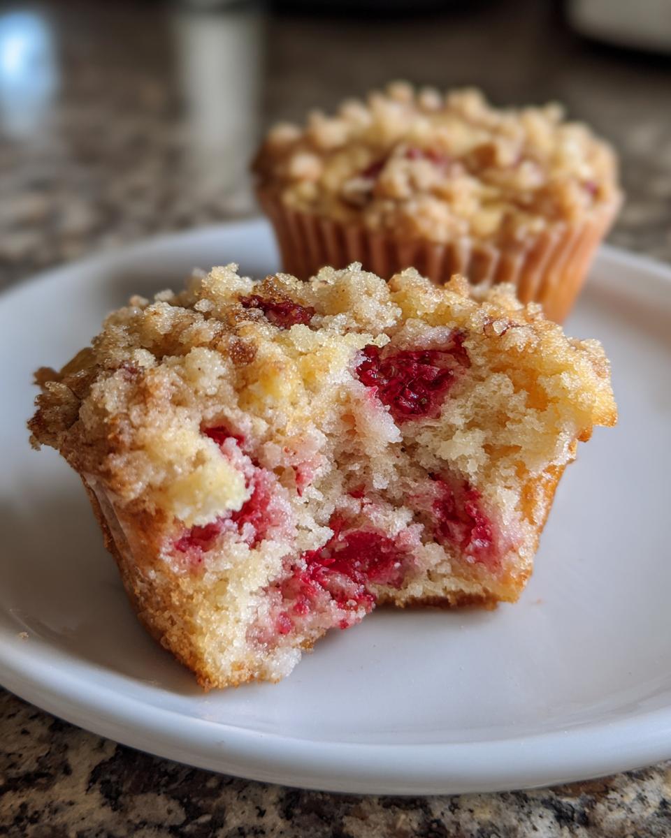 A close-up of a crumb-topped strawberry muffins cut in half showing bright red berries inside, with another muffin blurred in the background.