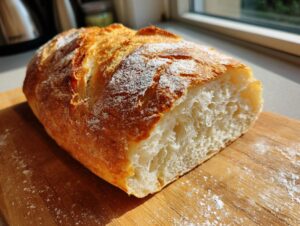 A loaf of freshly baked french bread, cut open to show the airy crumb, resting on a wooden cutting board.