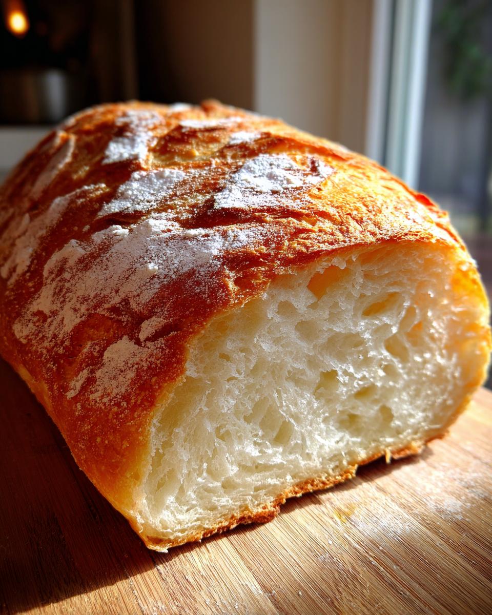 Close-up of a freshly baked french bread loaf, showing a golden crust dusted with flour and a soft, airy interior crumb.