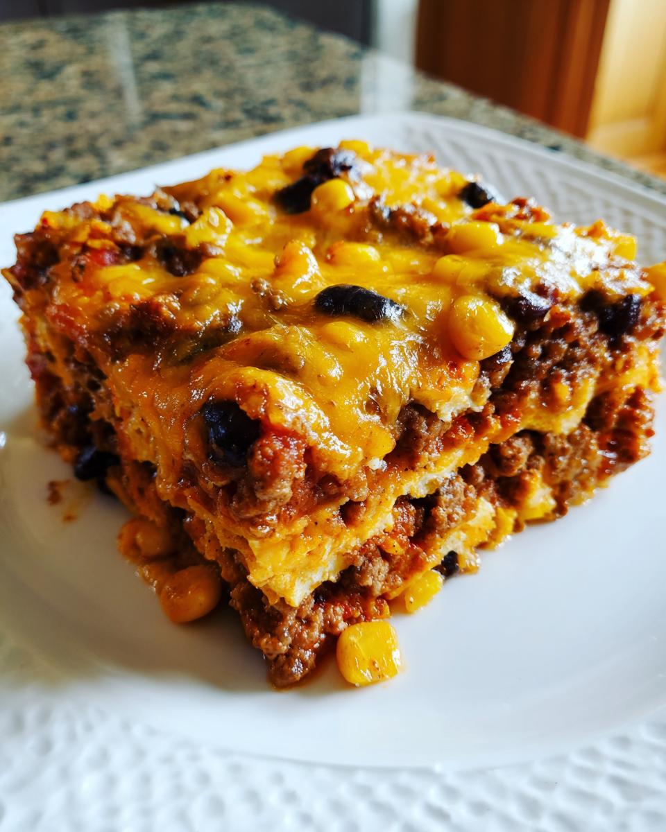 A thick slice of layered Dorito Casserole topped with melted cheddar cheese, corn, and black beans.