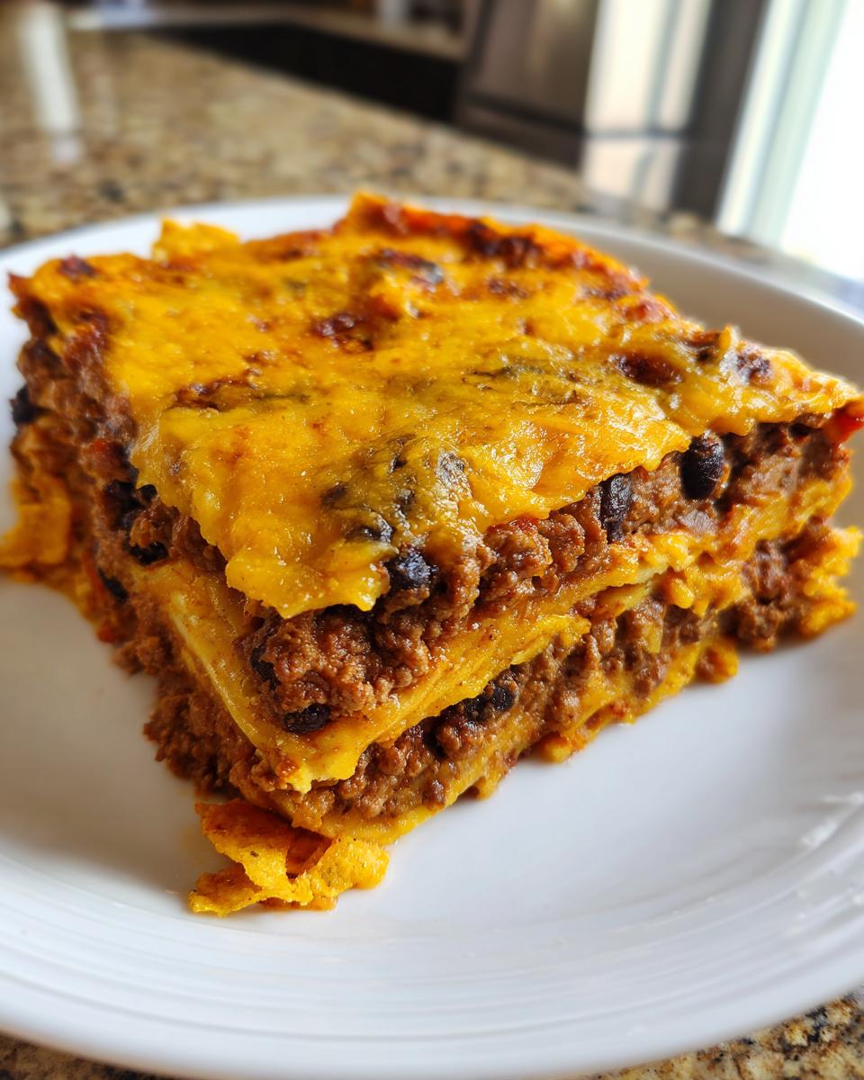 A hearty, layered slice of Dorito Casserole topped with melted orange cheese, showing ground meat and black beans.