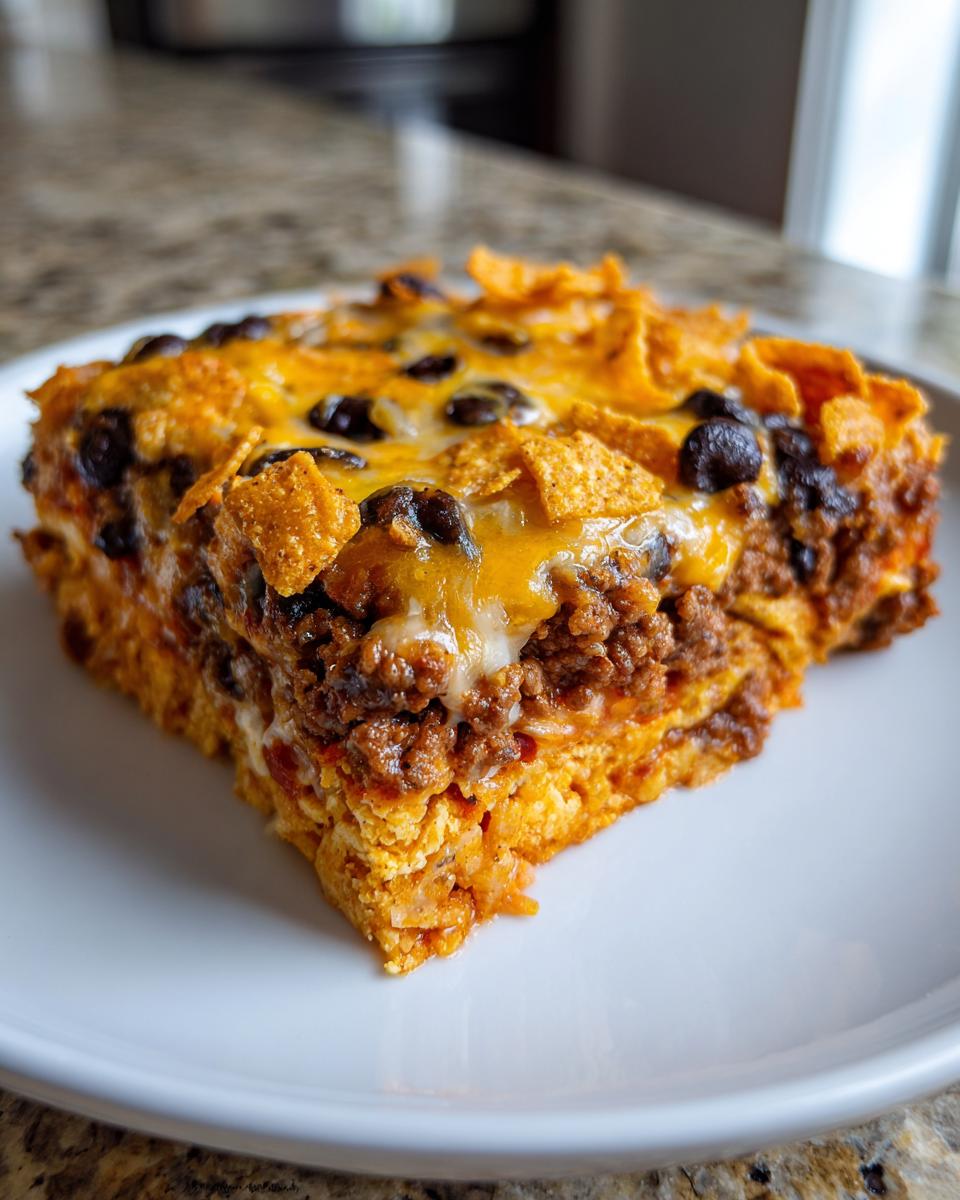 A close-up slice of Dorito Casserole featuring layers of ground beef, cheese, and topped with crushed chips and black beans.