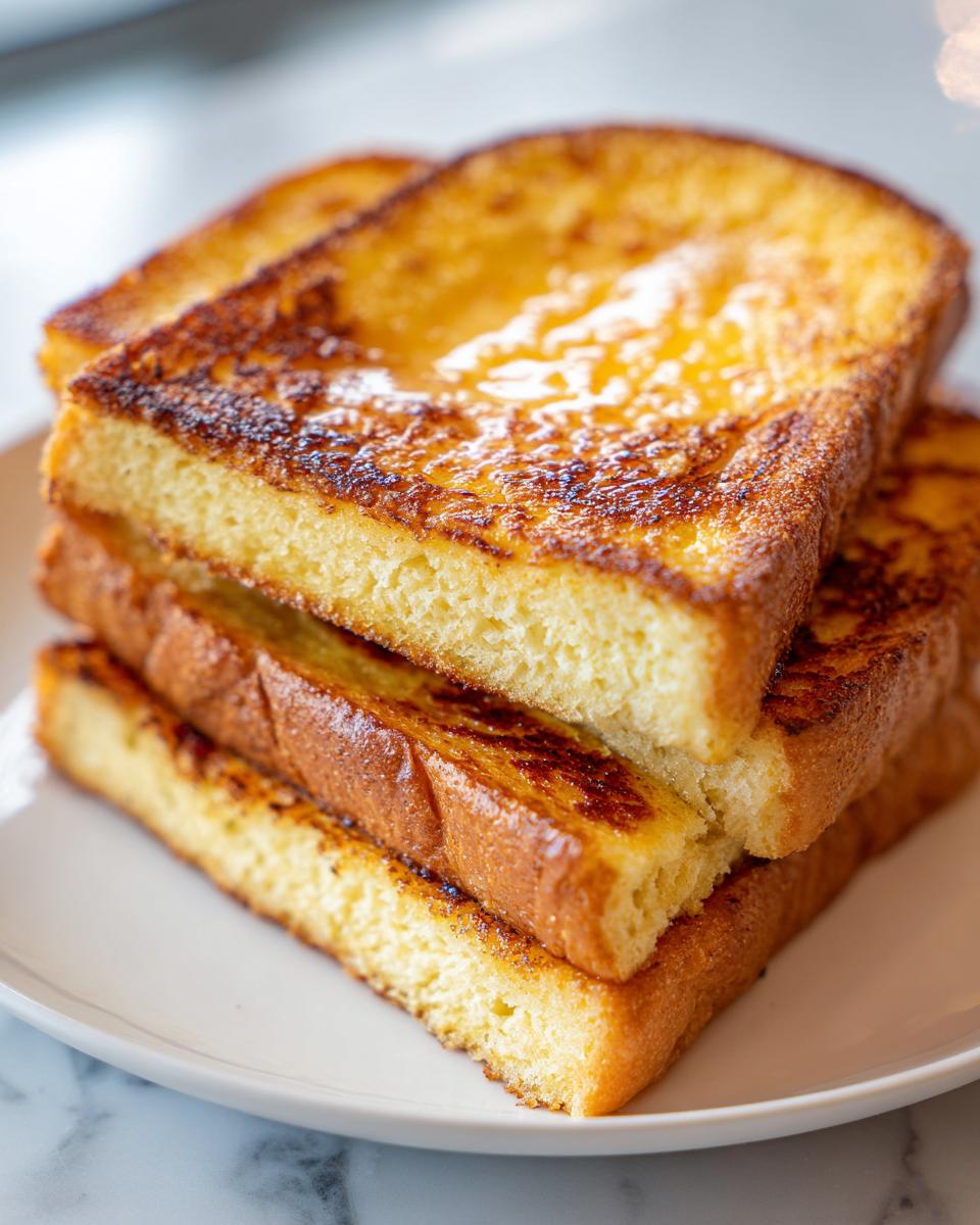 A close-up stack of four slices of golden brown easy french toast drizzled with syrup on a white plate.