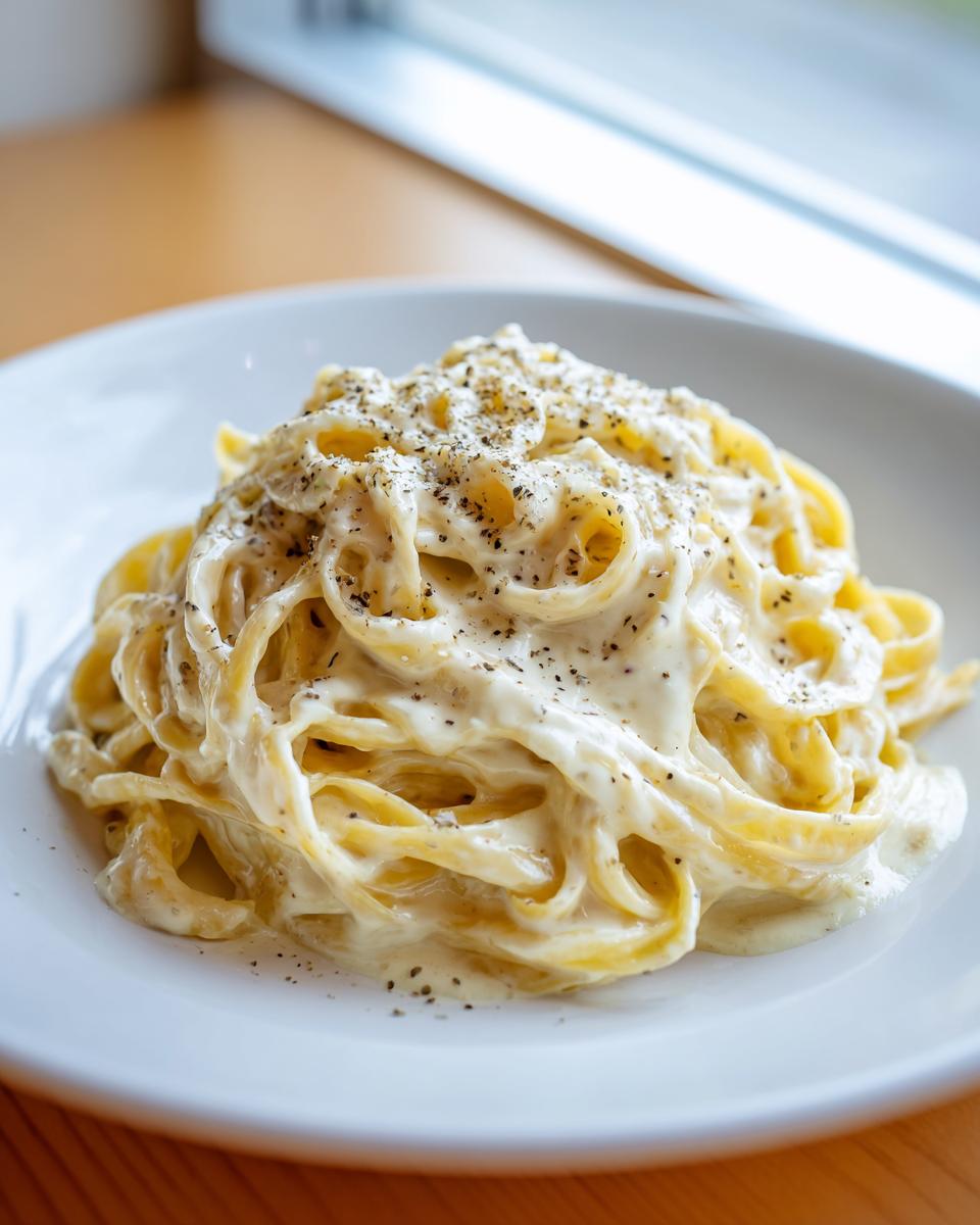 Close-up of fettuccine pasta generously coated in creamy Olive Garden Alfredo Sauce and topped with black pepper.