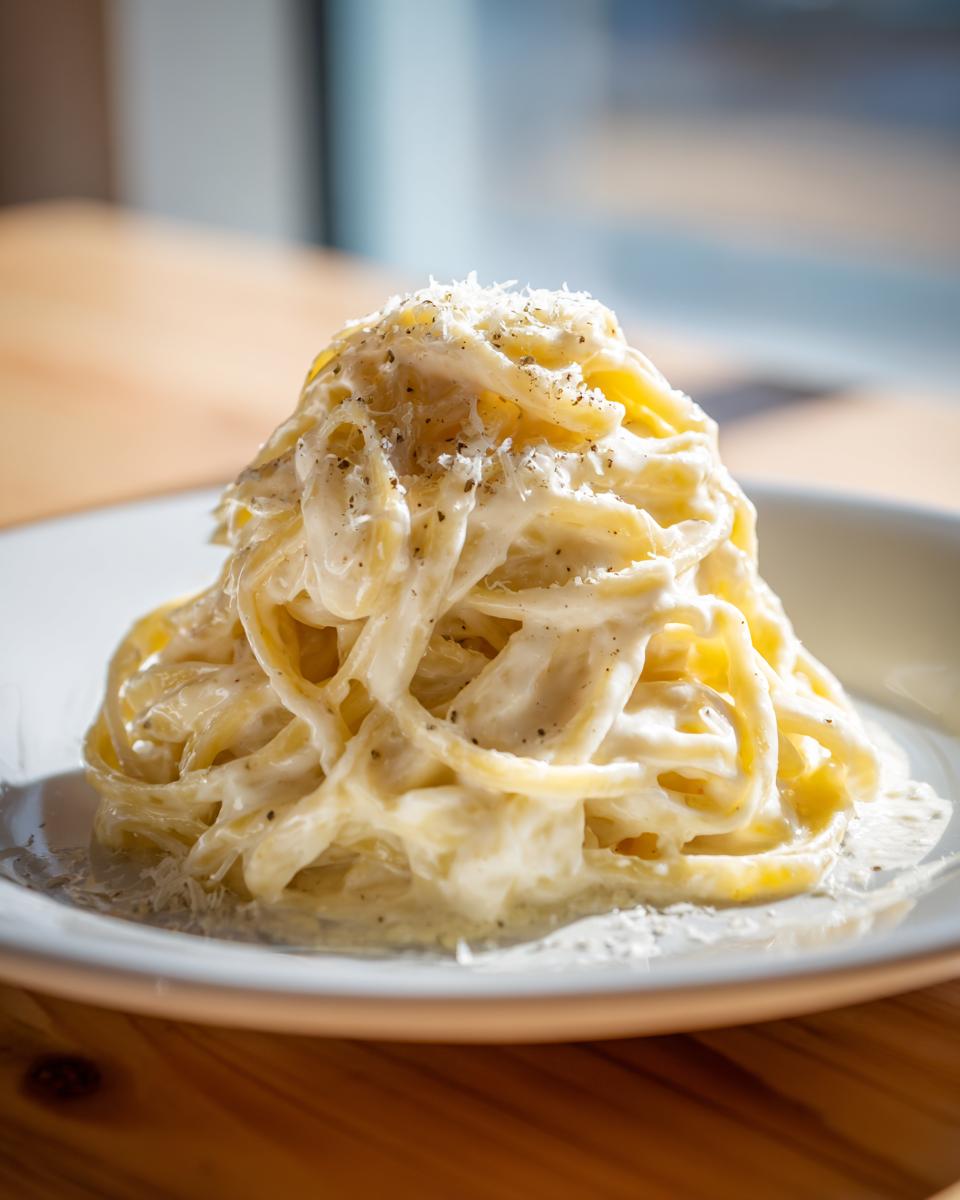 A tall mound of fettuccine pasta coated in creamy Olive Garden Alfredo sauce, topped with Parmesan and black pepper.